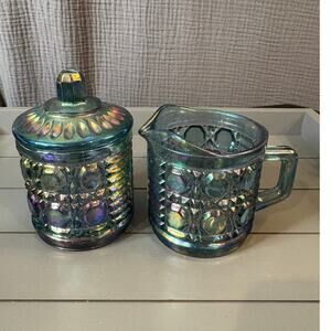 Vtg. Iridescent Blue Indiana Carnival Windsor Glass  Set